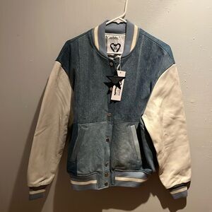 B Sides Denim brand new jean jacket with leather sleeves